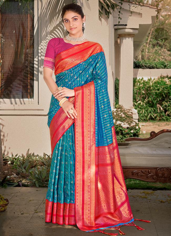 Silk Blue Festival Wear Weaving Saree